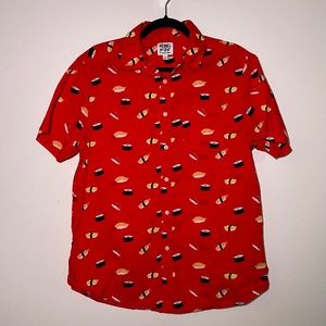 Rebel Star Red Sushi Print Cotton Button Up Short Sleeve Shirt Men's Large